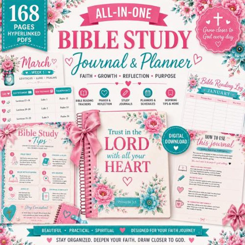 May include: An all-in-one Bible study journal and planner with 168 pages of hyperlinked PDFs. The cover features pink and teal floral accents, a pink ribbon, and the text Trust in the Lord with all your heart. Includes reading logs and study tips.