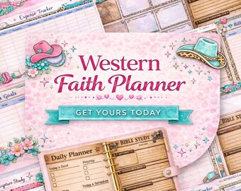 May include: A pink and turquoise Western Faith Planner with a floral and leopard print design. The planner includes sections for prayer, expenses, goals, and Bible study. The text "Western Faith Planner" and "Get Yours Today" are visible.