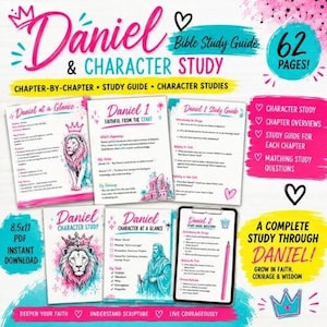 May include: A 62-page Daniel Bible Study Guide featuring pink and teal accents. The pages include chapter-by-chapter study guides, character studies, and study questions. Illustrations include a lion with a crown and a figure of Daniel.