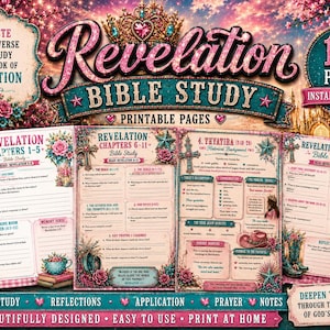 May include: A printable Bible study guide for the Book of Revelation, featuring a floral and western theme. The design includes the text "Revelation Bible Study" and "191 Pages". The study includes scripture study, reflections, and application.