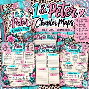May include: A collection of 1 & 2 Peter Bible study printables featuring chapter maps, note pages, key verses, and cross-references. The design includes pink and teal floral accents, leopard print patterns, and text reading 1 & 2 Peter Chapter Maps.