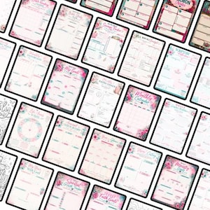 May include: A collection of printable planner pages featuring floral accents in pink and teal. The sheets include titles such as Monthly Bible Reading Tracker, Monthly Savings Tracker, Monthly Budget, My Goals, Faith Goals, and Monthly Calendar.
