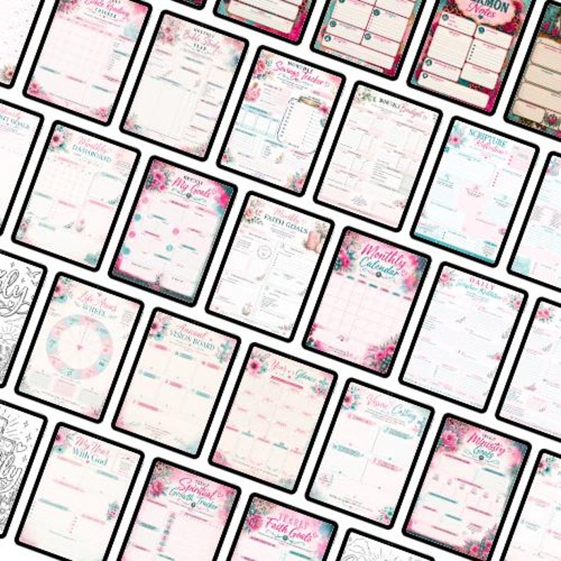 May include: A collection of printable planner pages featuring floral accents in pink and teal. The sheets include titles such as Monthly Bible Reading Tracker, Monthly Savings Tracker, Monthly Budget, My Goals, Faith Goals, and Monthly Calendar.