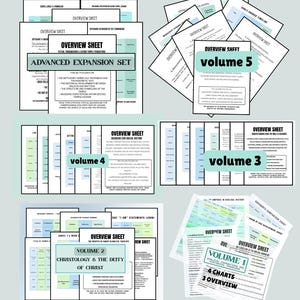 May include: A collection of printed overview sheets with text and charts. The sheets are in various sizes and feature titles like "Advanced Expansion Set," "Volume 5," and "Volume 1." The color scheme includes shades of blue, green, and white.