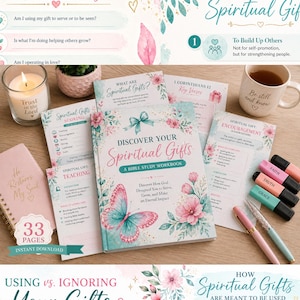 May include: A Bible study workbook titled "Discover Your Spiritual Gifts" with a butterfly and floral design. The image includes a notebook, pens, and other study materials. Text includes "Heart Check" and "33 Pages Instant Download."