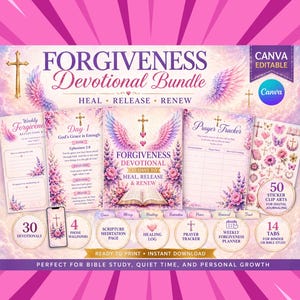 以下が含まれることがあります： Canvaで編集可能な、デジタル版のForgiveness Devotional Bundle。30のデボーション、4つの携帯電話用壁紙、聖書瞑想ページ、ヒーリングログ、祈りトラッカー、毎週の許しプランナーが含まれています。