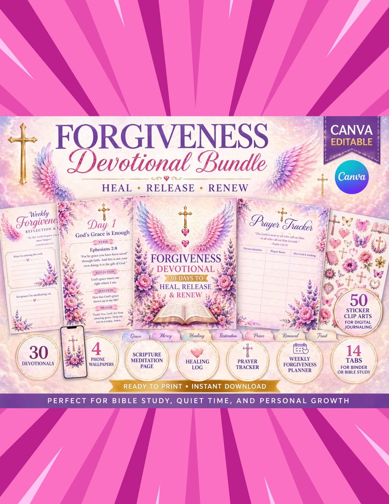 以下が含まれることがあります： Canvaで編集可能な、デジタル版のForgiveness Devotional Bundle。30のデボーション、4つの携帯電話用壁紙、聖書瞑想ページ、ヒーリングログ、祈りトラッカー、毎週の許しプランナーが含まれています。