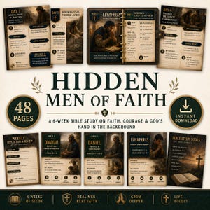 Può includere: Una raccolta di materiali per lo studio della Bibbia intitolata "Hidden Men of Faith". Il design presenta illustrazioni di figure bibliche, testo e una guida allo studio di 6 settimane. La tavolozza dei colori comprende marrone, beige e verde.