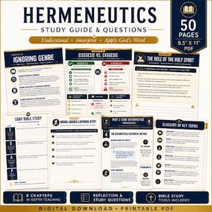 May include: A digital Hermeneutics study guide and questions PDF featuring 50 pages measuring 8.5 inches by 11 inches. The document includes chapters on genre, exegesis, the Holy Spirit, SOAP Bible study, authorial intent, and a glossary of key terms.