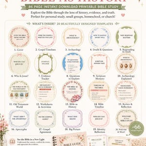 May include: A printable Bible study guide titled "Bible Guide: Bible as History" with a floral design. The guide includes 86 pages of templates for personal study, small groups, or church use. It also features a spiral-bound notebook and a cup of coffee.