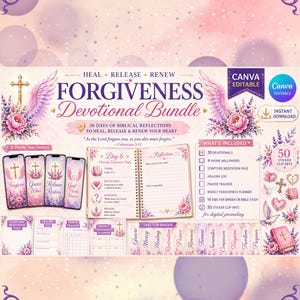 以下が含まれることがあります： 花と十字架をテーマにしたデジタルダウンロードバンドル。「Forgiveness Devotional Bundle」には、携帯電話の壁紙、祈りの追跡、ステッカークリップアートが含まれています。デザインはピンクと紫の色合いが特徴です。