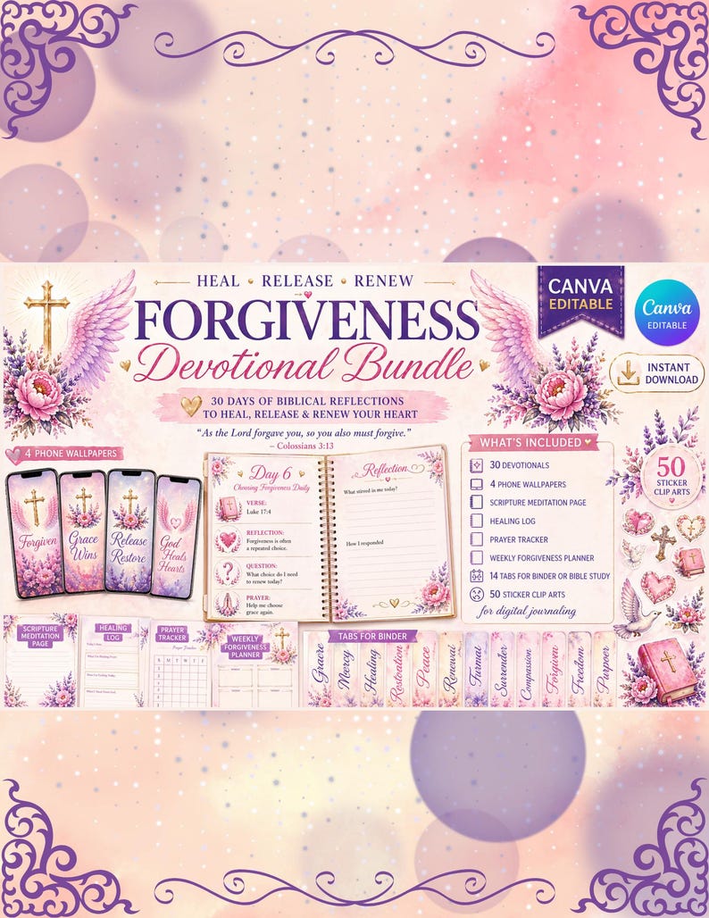 以下が含まれることがあります： 花と十字架をテーマにしたデジタルダウンロードバンドル。「Forgiveness Devotional Bundle」には、携帯電話の壁紙、祈りの追跡、ステッカークリップアートが含まれています。デザインはピンクと紫の色合いが特徴です。