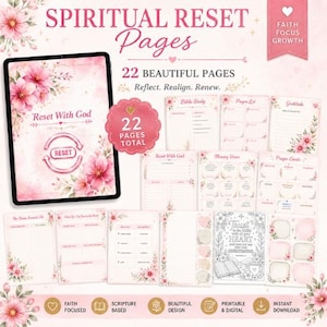 Puede incluir: Un planificador digital con 22 páginas, con un diseño floral y el texto "Spiritual Reset Pages". El planificador incluye secciones para el estudio de la Biblia, la oración y la gratitud, con las palabras "Reset With God" en la portada.