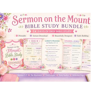Puede incluir: Un paquete de estudio bíblico "Sermón de la Montaña" en rosa, con detalles florales. Incluye un plan de lectura de 14 días, materiales imprimibles y guías de estudio sobre temas como el Padrenuestro.