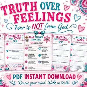 Puede incluir: Una descarga digital con un diseño rosa y turquesa, que muestra las frases "TRUTH OVER FEELINGS" y "Fear is NOT from God". La imagen incluye hojas de trabajo con indicaciones para la autorreflexión y el texto "PDF INSTANT DOWNLOAD".
