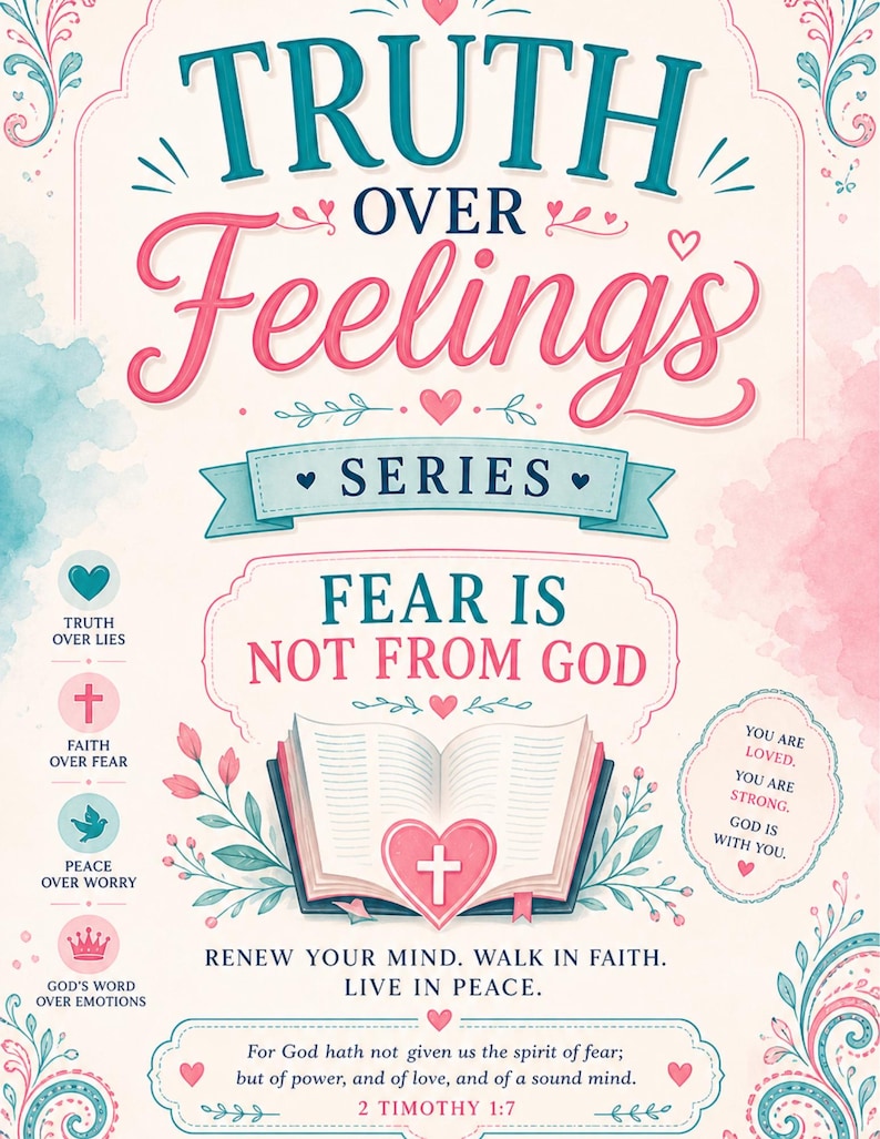 May include: A decorative poster with the text "TRUTH OVER Feelings" in teal and pink. The poster includes the text "FEAR IS NOT FROM GOD" and a quote from 2 Timothy 1:7. The design features hearts, flowers, and an open book with a cross.