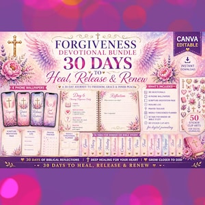 以下が含まれることがあります： 紫とピンクの花柄のデザインのデジタル祈りバンドル。「Forgiveness Devotional Bundle」というタイトルと「30 Days to Heal, Release & Renew」というテキストが表示されています。携帯電話の壁紙、聖書瞑想ページ、ステッカークリップアートが含まれています。