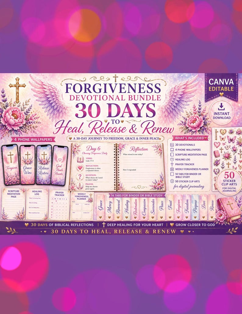 以下が含まれることがあります： 紫とピンクの花柄のデザインのデジタル祈りバンドル。「Forgiveness Devotional Bundle」というタイトルと「30 Days to Heal, Release & Renew」というテキストが表示されています。携帯電話の壁紙、聖書瞑想ページ、ステッカークリップアートが含まれています。