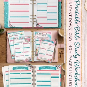 May include: A collection of printable Bible study worksheets in a pink, teal, and leopard print design. The image includes open binders and loose sheets with sections for character study, chapter summaries, and more. Text on the side reads "Printable Bible Study Worksheets".