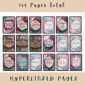 May include: A digital planner set featuring 168 pages total with hyperlinked pages. Each of the 18 rectangular cards displays a unique section title including Reading Plans, Reflection, Yearly, Daily, Prayer Life, Scrapbook, and Bible Journaling.