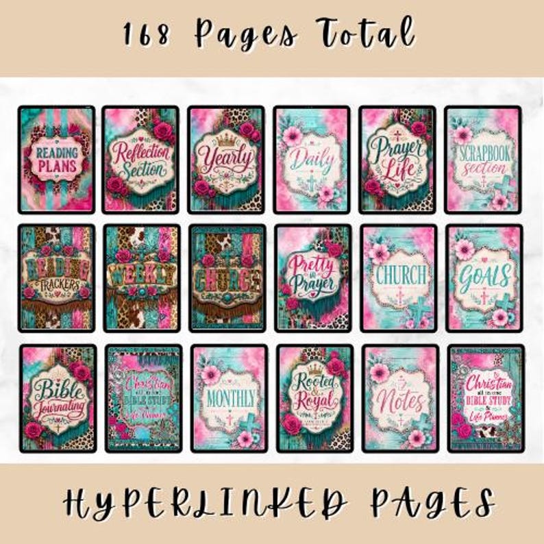 May include: A digital planner set featuring 168 pages total with hyperlinked pages. Each of the 18 rectangular cards displays a unique section title including Reading Plans, Reflection, Yearly, Daily, Prayer Life, Scrapbook, and Bible Journaling.