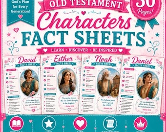 Könnte beinhalten: Ein Set aus 50 Faktenblättern zu Charakteren des Alten Testaments mit farbenfrohen Illustrationen und Texten zu David, Esther, Noah und Daniel. Die Seiten enthalten Kurzfakten, wichtige Highlights, Lebenslektionen und biblische Referenzen.