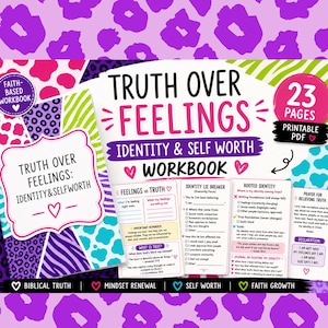 Puede incluir: Un cuaderno de trabajo basado en la fe titulado "Truth Over Feelings: Identity & Self Worth". La portada presenta un diseño de estampado de leopardo rosa y morado. El cuaderno incluye secciones sobre sentimientos vs. verdad, identidad y autoestima, con 23 páginas imprimibles.