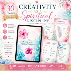 May include: Digital download titled "Creativity as a Spiritual Discipline" with 30 pages of inspiration and guidance. The design features a tablet, cards, and floral accents in pink, blue, and white. Includes instant download in PDF format.