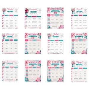 May include: A set of twelve monthly planner sheets featuring floral illustrations, mason jar graphics, and organised tables for tracking weekly tasks. Each sheet displays a specific month, week number, and columns for daily activities and notes.