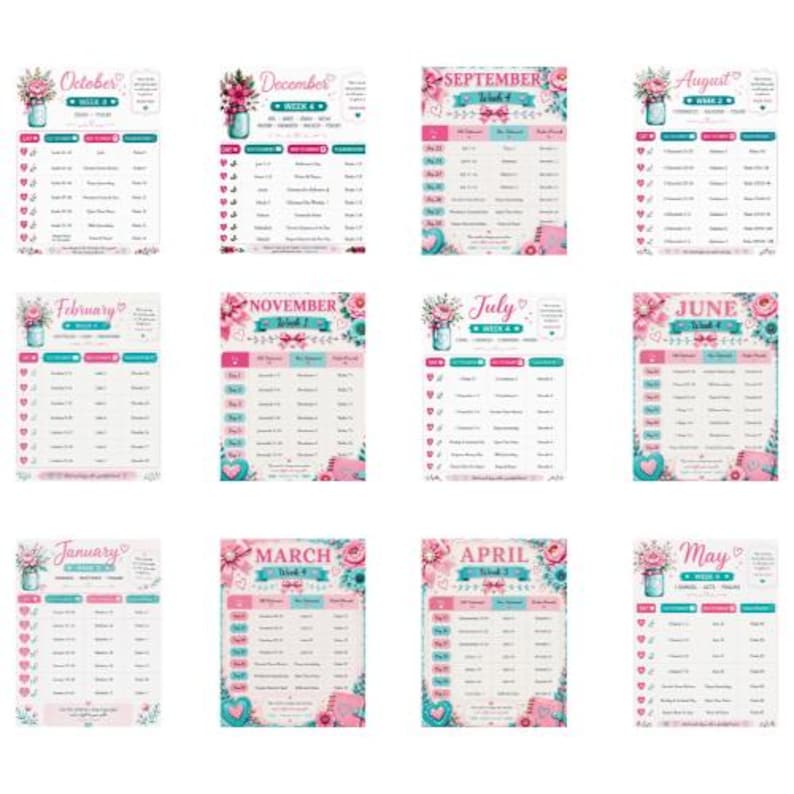 May include: A set of twelve monthly planner sheets featuring floral illustrations, mason jar graphics, and organised tables for tracking weekly tasks. Each sheet displays a specific month, week number, and columns for daily activities and notes.