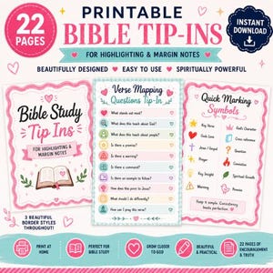 K&ouml;nnte beinhalten: Ein Set aus 22 druckbaren Bibel-Einlegern zum Hervorheben und f&uuml;r Randnotizen. Die Seiten haben rosa und t&uuml;rkisfarbene R&auml;nder, Herz-Illustrationen und Text, darunter Verse Mapping Questions Tip-In und Quick Marking Symbols.