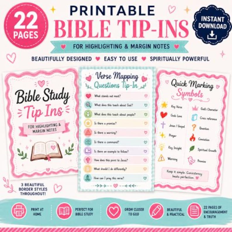 K&ouml;nnte beinhalten: Ein Set aus 22 druckbaren Bibel-Einlegern zum Hervorheben und f&uuml;r Randnotizen. Die Seiten haben rosa und t&uuml;rkisfarbene R&auml;nder, Herz-Illustrationen und Text, darunter Verse Mapping Questions Tip-In und Quick Marking Symbols.