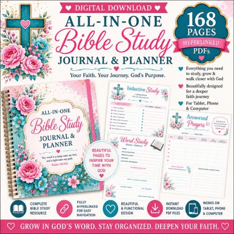 May include: A digital download Bible study journal and planner featuring 168 hyperlinked pages. The cover displays a teal cross, pink floral accents, and the text All-In-One Bible Study Journal & Planner. Includes inductive study and prayer pages.