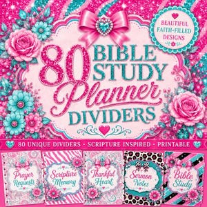 Peut inclure: Un ensemble de 80 intercalaires pour planificateur d'étude biblique avec des motifs floraux, des nœuds et des cœurs scintillants roses et bleu sarcelle. Le texte indique 80 BIBLE STUDY PLANNER DIVIDERS, BEAUTIFUL FAITH-FILLED DESIGNS, PRAYER REQUESTS, SCRIPTURE MEMORY, THANKFUL HEART, SERMON NOTES et BIBLE STUDY.