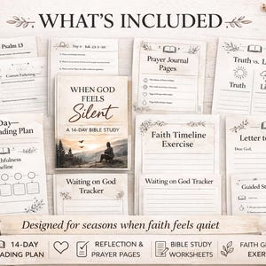 Peut inclure: Ensemble de documents d'étude biblique imprimés, comprenant un plan de lecture de 14 jours, des pages de journal de prière et des exercices de foi. L'élément central est un livre intitulé "When God Feels Silent".