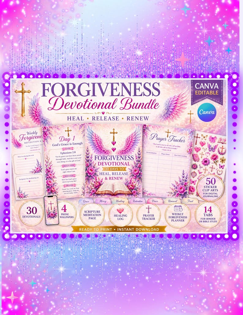 以下が含まれることがあります： 紫とピンクをテーマにしたデジタル祈祷バンドル。タイトル「FORGIVENESS Devotional Bundle」は、天使の羽と十字架で表示されます。30の祈祷、電話の壁紙、聖書の瞑想ページ、祈りのトラッカーが含まれています。