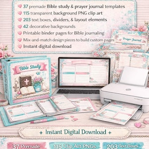 Peut inclure: Modèles numériques de journal de prière et d'étude biblique aux couleurs pastel et aux motifs floraux. L'image montre un classeur, un ordinateur portable, une imprimante et des carnets avec des modèles. Comprend 37 modèles, 115 PNG, 203 zones de texte et 42 arrière-plans.