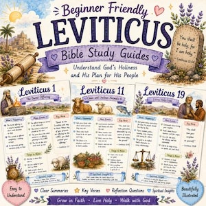 May include: A set of three illustrated Bible study guides for Leviticus featuring chapters 1, 11, and 19. The pages include text summaries, key verses, and spiritual insights alongside drawings of animals, people, and a stone tablet with the text You shall be holy, for I am holy.