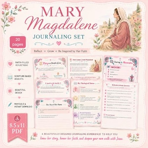 May include: A 20-page Mary Magdalene journaling set featuring pink floral accents and illustrations. The set includes pages titled Mary as a Disciple of Jesus, First-Century Jewish Womanhood, Clearing the Misconceptions, and Key Theological Themes.