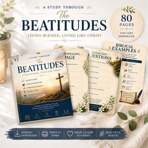 May include: A study guide titled "The Beatitudes" with a cross on the cover, along with journaling pages and biblical examples. The cover is navy blue and white with the text "Living Blessed, Living Like Christ."