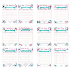 May include: A collection of twelve printable Bible Reading Log sheets, one for each month of the year. Each sheet features a teal banner with the text Bible Reading Log, a specific month name, and floral accents in pink and teal colours.