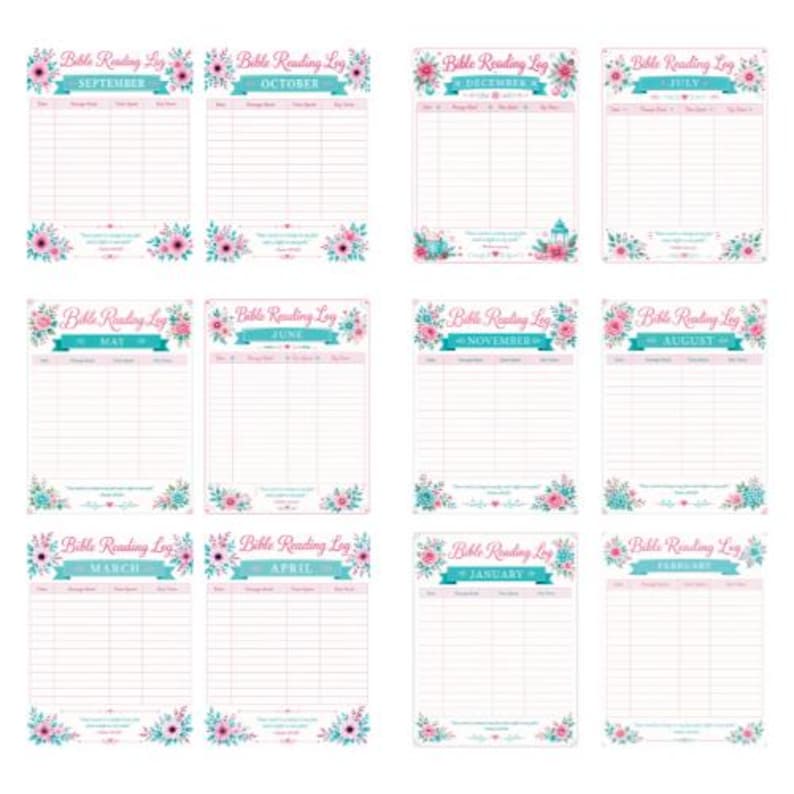 May include: A collection of twelve printable Bible Reading Log sheets, one for each month of the year. Each sheet features a teal banner with the text Bible Reading Log, a specific month name, and floral accents in pink and teal colours.