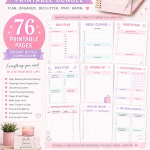 May include: A pink and white printable life planner bundle with 76 pages. The planner includes daily, weekly, and monthly planning pages, decluttering, and prayer pages. The planner is designed to help you stay organised and focused.