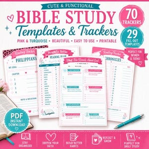 Peut inclure: Modèles et trackers d'étude biblique roses et turquoise avec le texte "Cute & Functional". L'image comprend 70 trackers et 29 modèles à remplir. Comprend un suivi de lecture, un plan de lecture et une page "What This Reveals About God".