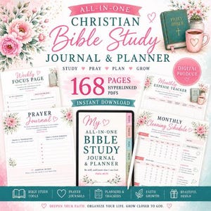 May include: A digital Christian Bible study journal and planner featuring 168 hyperlinked pages. The layout includes a weekly focus page, prayer journal, monthly expense tracker, and cleaning schedule, all decorated with pink floral illustrations.