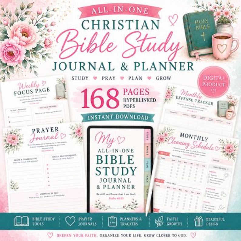 May include: A digital Christian Bible study journal and planner featuring 168 hyperlinked pages. The layout includes a weekly focus page, prayer journal, monthly expense tracker, and cleaning schedule, all decorated with pink floral illustrations.