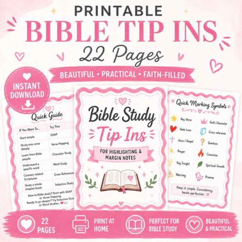 K&ouml;nnte beinhalten: Ein Set aus druckbaren Bibelstudien-Einlegern mit 22 Seiten und rosafarbenen Wellenr&auml;ndern. Die Seiten enthalten eine Kurzanleitung f&uuml;r Studienmethoden, eine Titelseite mit einer Buchillustration und eine Liste von Markierungssymbolen.