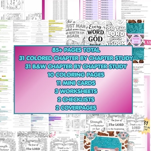 Puede incluir: Un conjunto de materiales de estudio bíblico imprimibles, que incluyen 31 estudios de capítulos en color y 31 en blanco y negro, 10 páginas para colorear, 11 mini tarjetas, 3 hojas de trabajo, 2 listas de verificación y 2 portadas. La imagen muestra varias páginas.