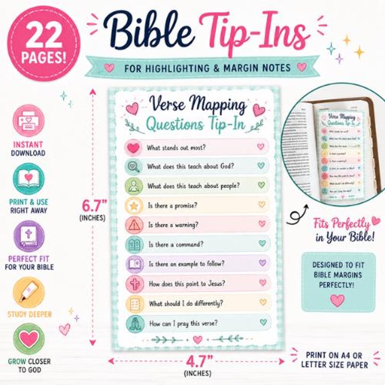 K&ouml;nnte beinhalten: Ein druckbares Bibel-Einlegeblatt mit den Ma&szlig;en 17,02 cm mal 11,94 cm, das eine Liste von Vers-Mapping-Fragen mit farbigen Symbolen und Text enth&auml;lt. Das Design umfasst Aufforderungen wie What stands out most, What does this teach about God und How can I pray this verse, die in einem Raster mit pastellfarbenen Balken dargestellt sind.