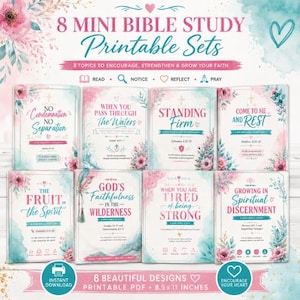 May include: A set of 8 printable Bible study guides featuring floral watercolor designs in pink and teal. Each page includes a unique title, scripture references, and icons for reading, noticing, reflecting, and praying. The text is 8.5 x 11 inches.